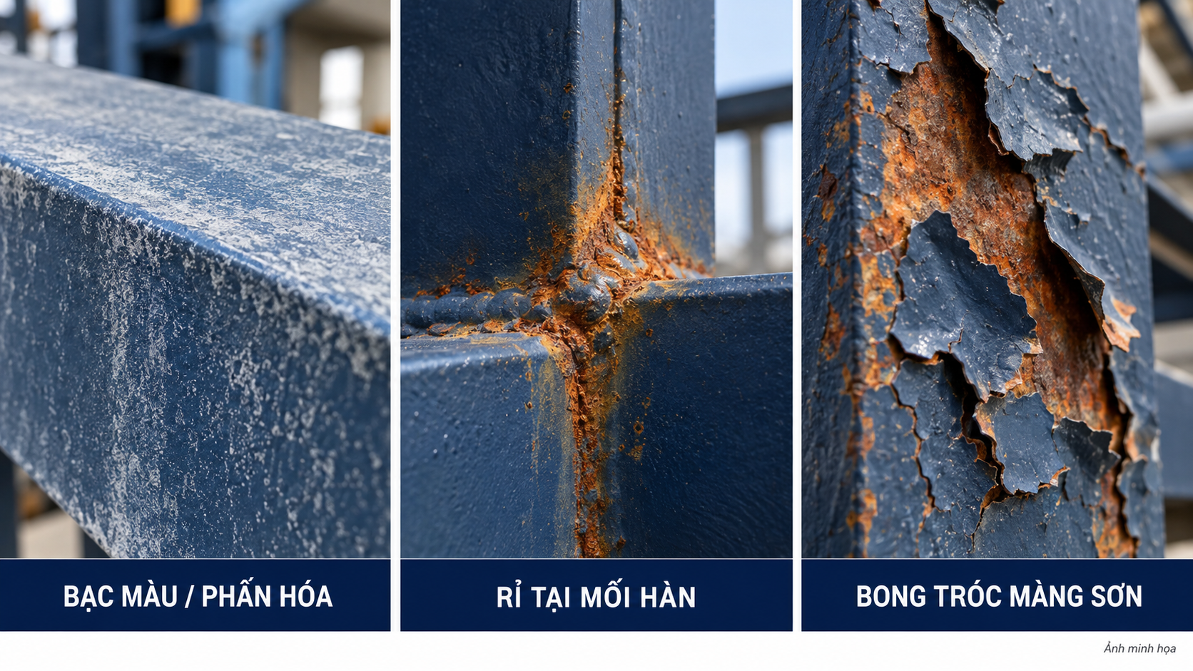 Nhà Xưởng Đã Hoạt Động 5–10 Năm: Khi Nào Nên Sơn Dặm, Khi Nào Phải Sơn Lại Toàn Bộ Kết Cấu Thép? 2 Ba dạng hư hỏng lớp sơn thép