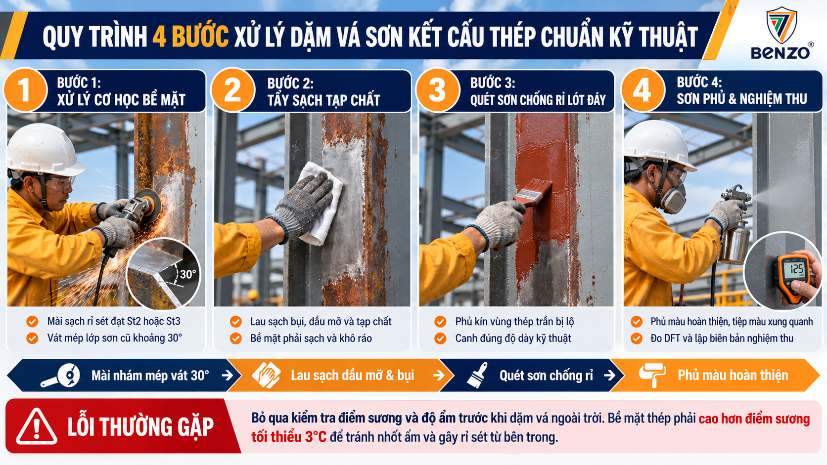 Sơn kết cấu thép bị trầy xước: 4 bước dặm vá chuẩn kỹ thuật chủ đầu tư duyệt ngay 3 Quy trình 4 bước xử lý dặm vá sơn kết cấu thép chuẩn kỹ thuật