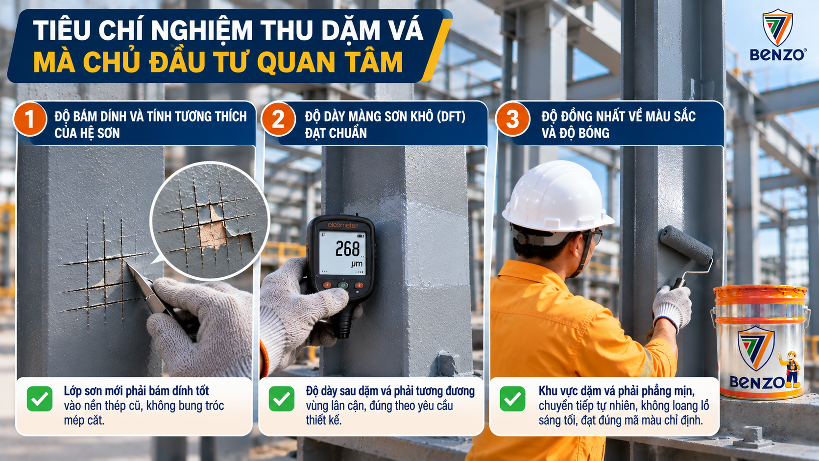 Sơn kết cấu thép bị trầy xước: 4 bước dặm vá chuẩn kỹ thuật chủ đầu tư duyệt ngay 2 Tiêu chí nghiệm thu dặm vá mà chủ đầu tư quan tâm