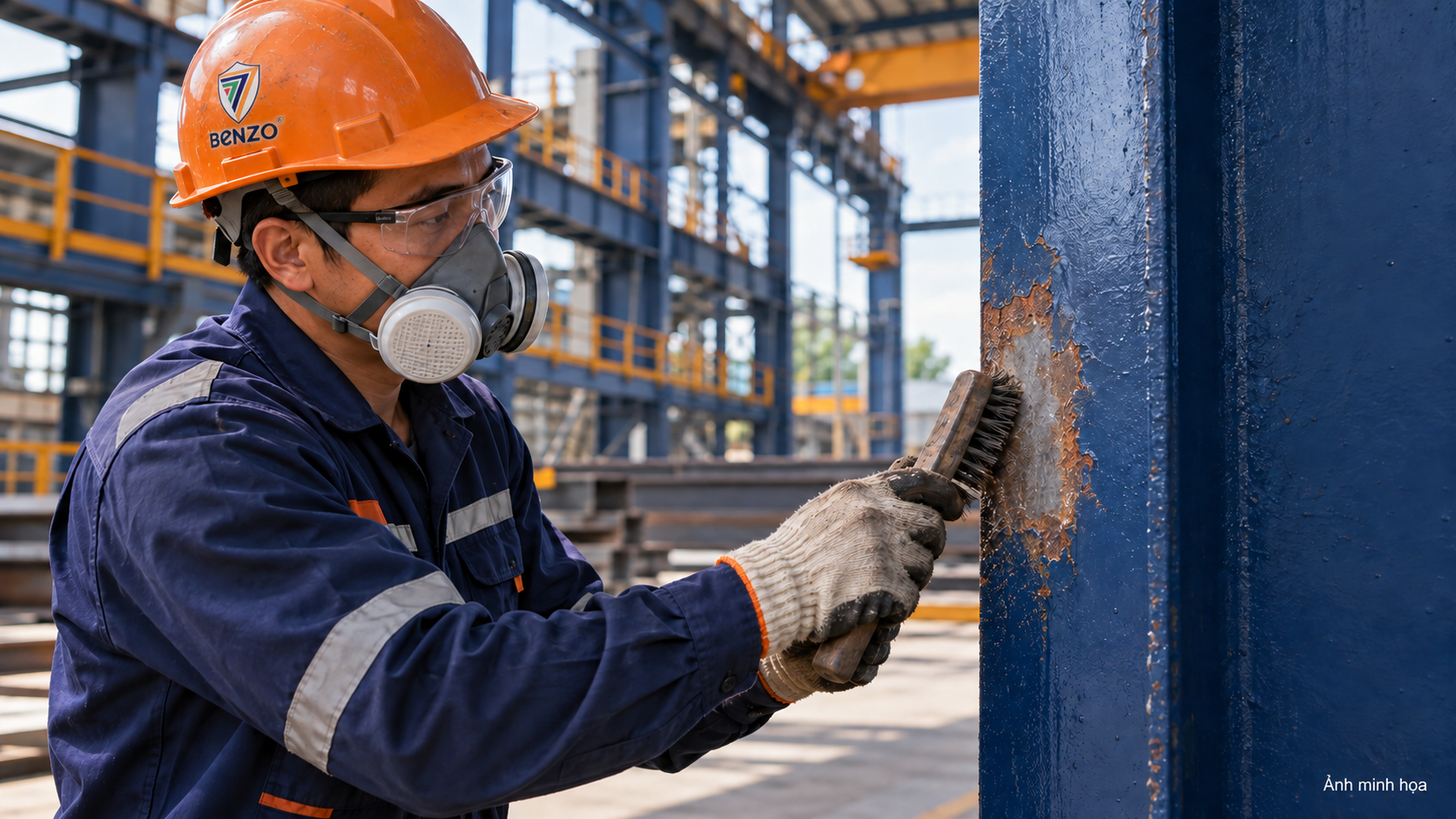 Nhà Xưởng Đã Hoạt Động 5–10 Năm: Khi Nào Nên Sơn Dặm, Khi Nào Phải Sơn Lại Toàn Bộ Kết Cấu Thép? 3 Thợ đội nón bảo hộ Benzo xử lý rỉ sét trên cột thép nhà xưởng trước khi sơn dặm.